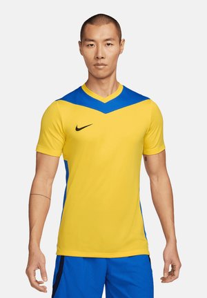 Nike-shirt met een gele basis, een blauw schouderpaneelontwerp, korte mouwen en een V-hals. Glad, lichtgewicht stof geschikt voor sport.