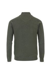 Mörkgrön långärmad tröja med hög ribbad krage samt ribbade ärmslut och nederkant, visad bakifrån mot en vit bakgrund.