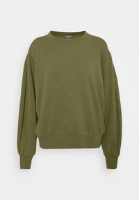 Sudadera de gran tamaño en verde oliva, con cuello redondo, mangas largas, puños acanalados y un material suave de mezcla de algodón. Diseño sencillo.
