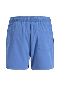 Shorts de bain pour hommes bleus avec taille élastique et une poche plaquée unique à l'arrière côté droit.