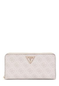 Zip-around plånbok i ljusbeige tyg med präglat logomönster. Har en triangulär varumärkesemblem och detaljer i guldton.