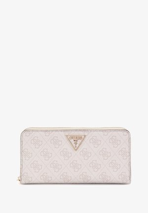 Zipperiga rahakott heledast beežist kangast, millel on pressitud logo muster. Omab kolmnurkset brändi embleemi ja kuldset tooni metallosade.