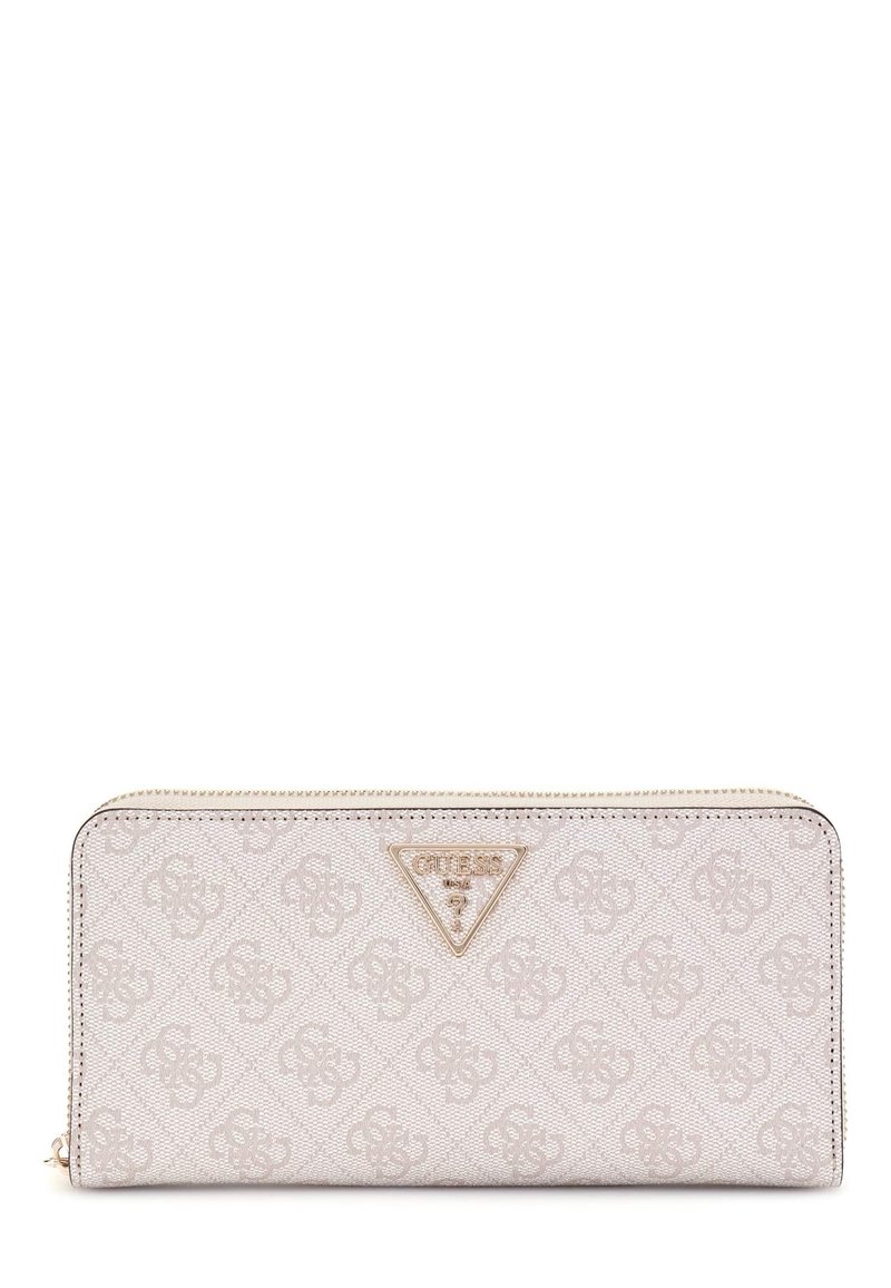 Zip-around plånbok i ljusbeige tyg med präglat logomönster. Har en triangulär varumärkesemblem och detaljer i guldton.