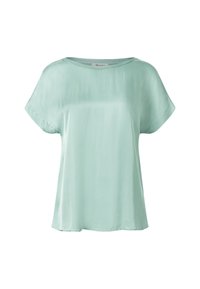 Light mint green silk blouse with a loose fit, short sleeves, and a rounded neckline. Smooth texture with minimal stitching details.