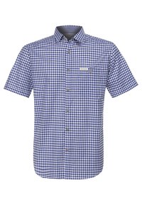 Kurzärmeliges Hemd in blau-weißem Vichy-Karos, mit durchgehender Knopfleiste, Kragen und einer kleinen Brusttasche. Mit braunen Knöpfen.