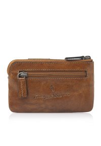 Brown leather zip wallet with a textured finish, featuring a front zipper pocket and embossed logo. Compact design with a single color.