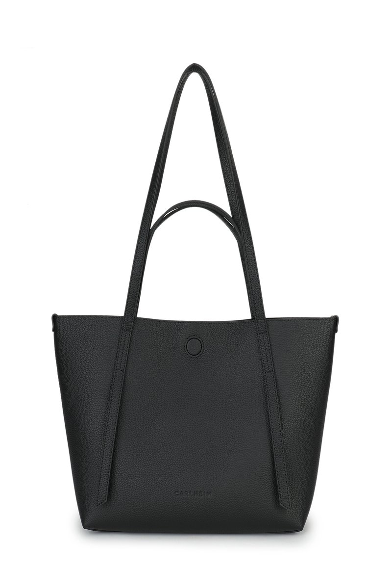 Svart läder tote-väska med två långa handtag, strukturerad yta, cirkulär metallaccenter och minimal design. Inga synliga fickor.
