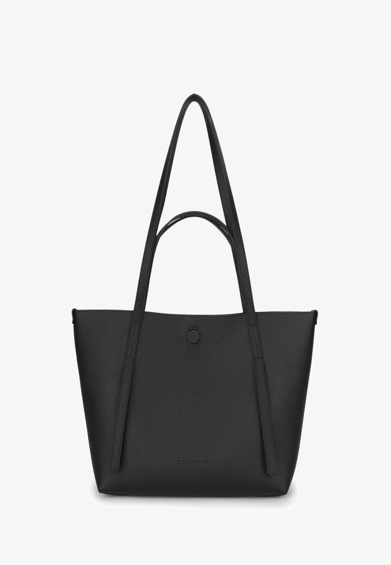 Borsa tote in pelle nera con due manici lunghi, superficie testurizzata, dettaglio in metallo circolare e design minimalista. Nessuna tasca visibile.
