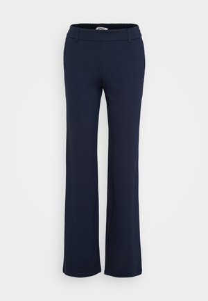 Marineblauwe, stretchstof broeken met een vlakke tailleband, zijzakken en een flared leg ontwerp. Soepele textuur, geschikt voor zowel casual als formele gelegenheden.