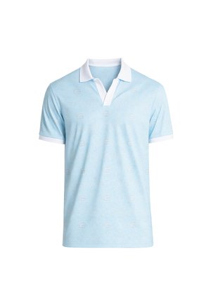 Svetlomodré polo tričko s krátkym rukávom, bielym golierom a manžetami na rukávoch, so subtílnym geometrickým vzorom.