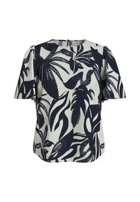 Kurze Bluse in Creme mit marineblauem tropischem Blattdruck. Merkmale sind ein runder Ausschnitt und leichte Raffung an den Ärmeln. Glatte Stofftextur.