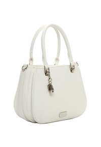 Borsa bianca caratterizzata da un design strutturato, texture liscia, arricchita da dettagli in argento, portachiavi decorativo e manici corti.