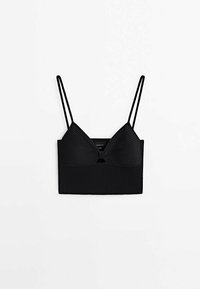 Bralette noir côtelé avec des bretelles fines réglables et une forme de tasse triangulaire. Présente un détail en nœud au centre et une texture lisse.