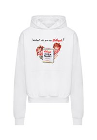 Weißer Hoodie mit einem Vintage-Kellogg's Corn Flakes-Design, das zwei Kinder zeigt und den Text: „Mama!.. Hast du Kellogg's gesagt?“