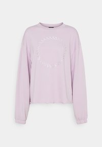 Lila långärmad cropped sweatshirt med rund halsringning och ett cirkulärt mönster av små böjda former på framsidan.