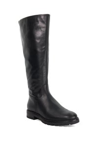 Black knee-high leather boot with a smooth texture, rounded toe, and low rubber sole. Features subtle stitching and a sleek design.