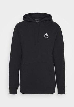 Black hoodie with a front pocket, drawstring hood, and a white mountain logo on the chest. Made from soft, textured fabric.