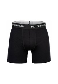 Zwarte boxershorts van rekbare katoen, voorzien van een elastische tailleband met het "SCOTCH & SODA" logo en contrasterende stiksels.