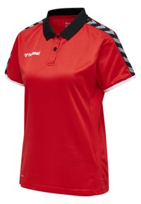 Red polo shirt with a black collar and white trim. Features gray zigzag patterns on the shoulders. Made from a smooth, synthetic fabric.