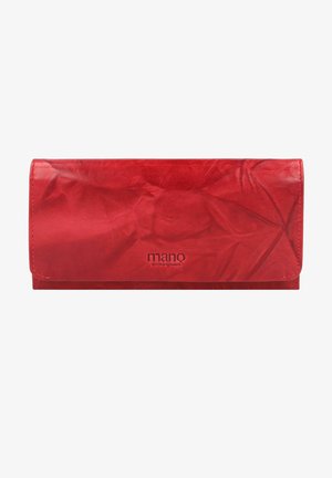 Rote Lederbörse mit einer zerknitterten Textur, ausgestattet mit einem Klappenverschluss und dem eingeprägten "mano"-Logo in der linken unteren Ecke.