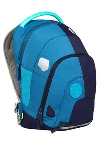 Blauer und marineblauer Rucksack mit strukturiertem Oberflächenmaterial, reflektierenden Akzenten, Meshpolsterung und mehreren mit Reißverschluss versehenen Fächern.