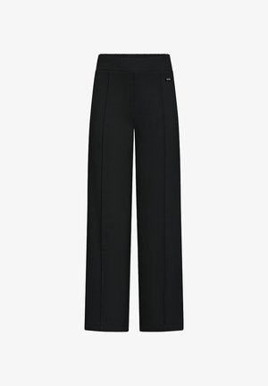Zwarte wijde broek van zachte stof met een elastische tailleband. Bevat naaddetails en een klein logo-opdruk aan de voorkant.
