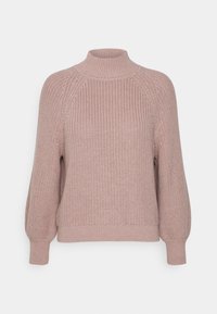 Pull-over tricoté rose clair avec un col montant côtelé, des manches raglan et des poignets ajustés, présentant un motif texturé sur l'ensemble.