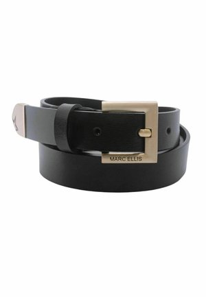 Cintura in pelle nera arrotolata con fibbia rettangolare dorata incisa "Marc Ellis" e dettaglio a stella sulla punta.