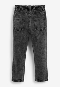 Svarta denimjeans med en elastisk midja, som har två bakfickor, en avsmalnande bendesign och en urblekt textur.