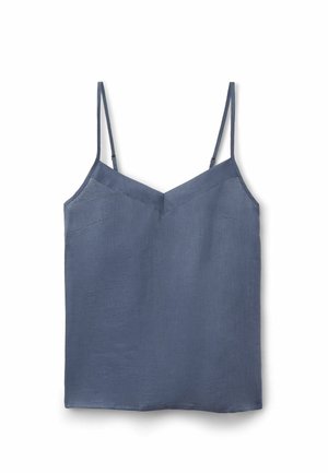 Blue sleeveless camisole top with thin adjustable straps and a subtle V-shaped neckline seam detail, laid flat on white background.