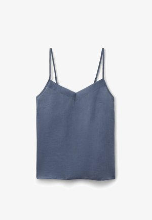 Blue sleeveless camisole top with thin adjustable straps and a subtle V-shaped neckline seam detail, laid flat on white background.