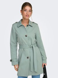 Trench-coat vert clair avec taille ceinturée, épaulettes, deux poches avant et fermeture par boutons. Porté sur un jean bleu.