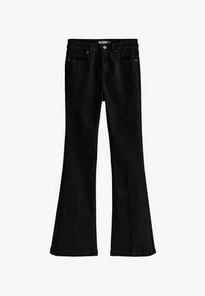 Černé zvonové džíny z denimu, které mají klasický design s pěti kapsami, bezpečné zapínání na knoflík a šité detaily podél švů.