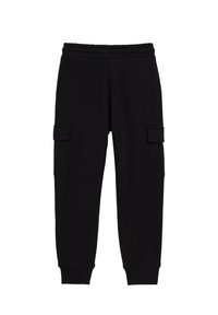 Pantalon de jogging noir avec une ceinture élastique, deux poches latérales et deux poches cargo sur les cuisses ; bords-côtes aux chevilles.