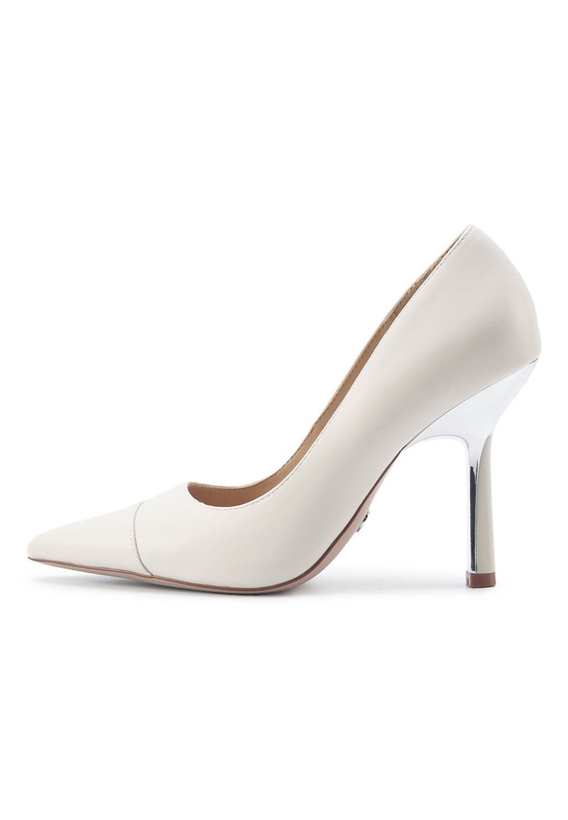 White leather high-heeled shoe with pointed toe, smooth finish, and metallic silver stiletto heel. Minimal design with a low-cut vamp.