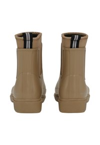 Brązowe gumowe botki kostkowe z elastycznymi bokami, teksturowanymi podeszwami i czarno-białymi paskami przy pięcie.