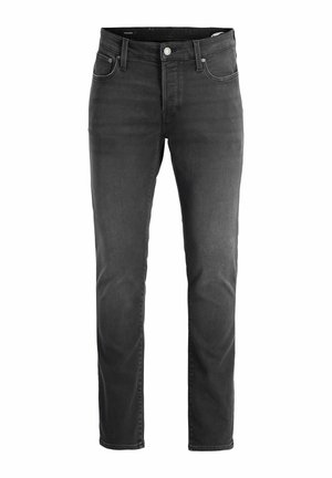 Schwarze Denim-Jeans mit geradem Schnitt, ausgestattet mit Fronttaschen, einem Knopfverschluss und dezentem Used-Look für einen lässigen Stil.