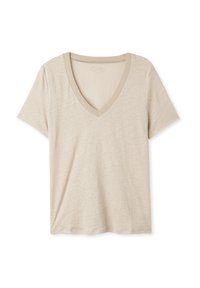 Beige v-hals t-shirt lavet af blødt stof; har korte ærmer og et ensfarvet design med en ribbet krave.