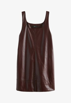 Donker bordeaux leren tanktop met een vierkante halslijn, brede schouderbanden en een rechte zoom. Vlotte textuur met minimale naden en details.