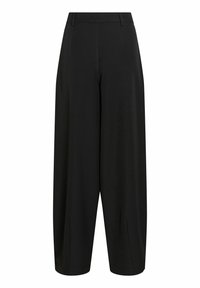 Juodos plačios ilgio trumpintos kelnės su aukšta liemeniu, diržo kilpelėmis ir priekinėmis skylutėmis apačioje.