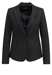 Svart kavaj av slät tyg, med klassisk slag, enstaka knäppning och två sidelommer. Minimalistisk design med långa ärmar.