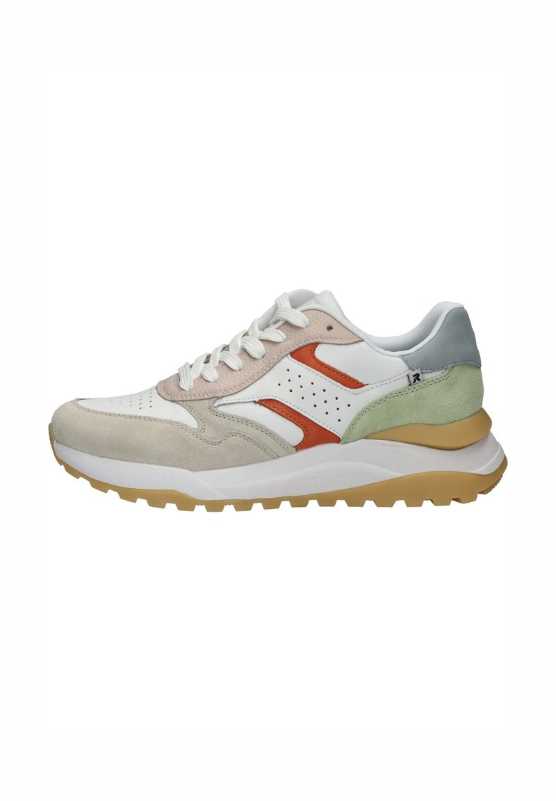 Athletische Sneaker in Beige, Weiß und Mintgrün. Sie verfügen über ein Obermaterial aus verschiedenen Materialien mit Wildleder, perforierten Details und einer strukturierten Außensohle.