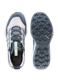 Lowa outdoor shoes featuring a mesh upper in light gray and dark blue, with a textured outsole for grip and a reinforced toe cap.