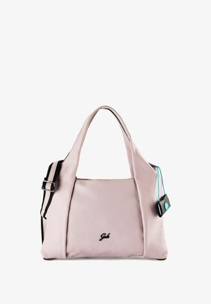 Borsa a tracolla in pelle rosa chiaro con trama, dotata di doppi manici, tracolla regolabile nera e piccolo cartellino nero attaccato con stringa blu.