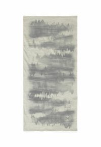 Multifunctional tubular fabric in light gray with abstract dark gray mountain patterns. Features a logo in the bottom right corner.