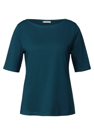 Teal kortärmad topp i mjukt tyg med bred halsringning och avslappnad passform, med rak fåll och utan synliga mönster eller detaljer.