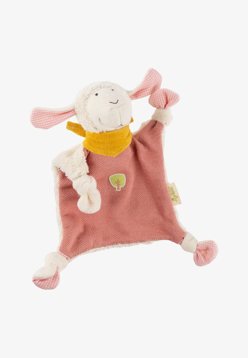 Lamb plush toy with pink gingham ears, a yellow scarf, and a textured, rosy fabric body; features plush limbs and a tree insignia.