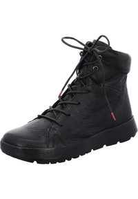 Black leather ankle boot with textured finish, round toe, lace-up front, low rubber sole, and red accent on laces.