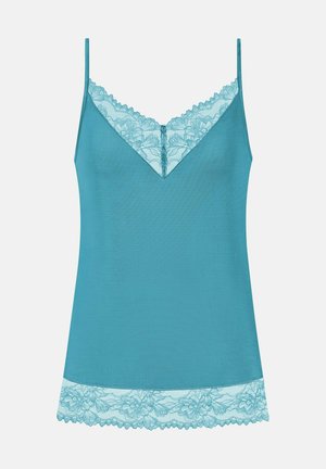 Caraco sarcelle avec fines bretelles, décolleté en V et bordure en dentelle florale le long du col et de l'ourlet.