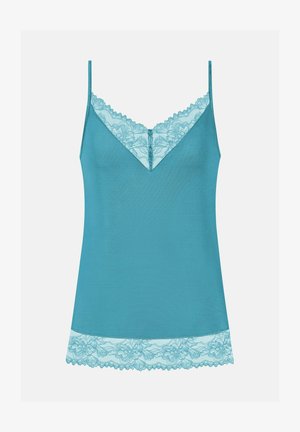 Caraco sarcelle avec fines bretelles, décolleté en V et bordure en dentelle florale le long du col et de l'ourlet.